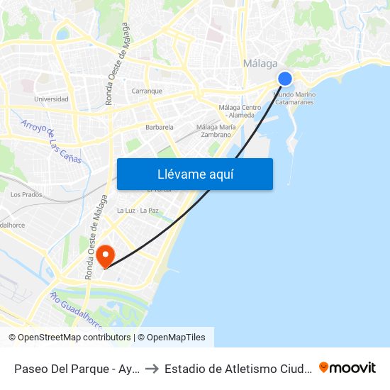 Paseo Del Parque - Ayuntamiento to Estadio de Atletismo Ciudad de Málaga map