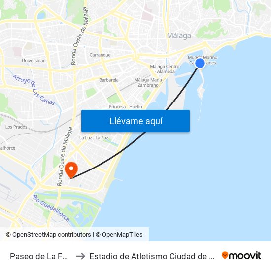 Paseo de La Farola to Estadio de Atletismo Ciudad de Málaga map