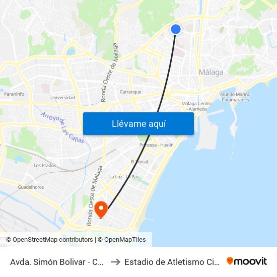 Avda. Simón Bolivar - Centro Comercial to Estadio de Atletismo Ciudad de Málaga map