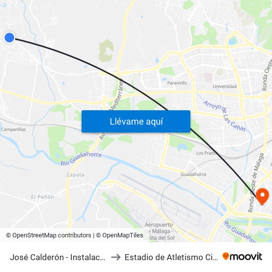 José Calderón - Instalaciones Deportivas to Estadio de Atletismo Ciudad de Málaga map