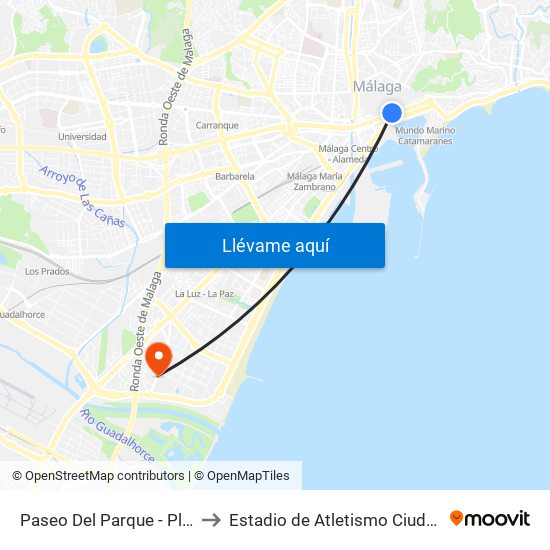 Paseo Del Parque - Plaza Marina to Estadio de Atletismo Ciudad de Málaga map