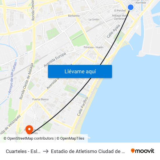 Cuarteles - Eslava to Estadio de Atletismo Ciudad de Málaga map