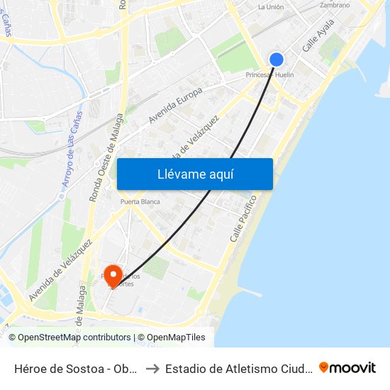 Héroe de Sostoa - Obras Públicas to Estadio de Atletismo Ciudad de Málaga map