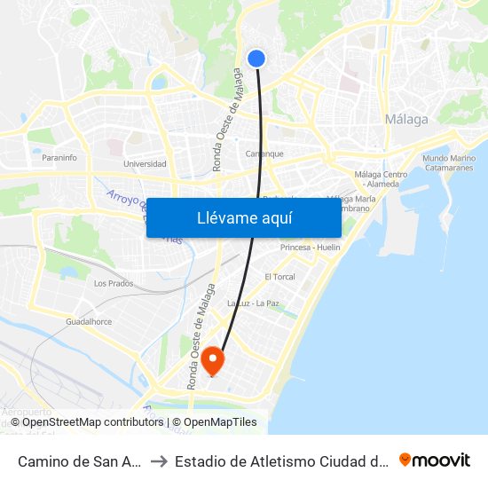 Camino de San Alberto to Estadio de Atletismo Ciudad de Málaga map