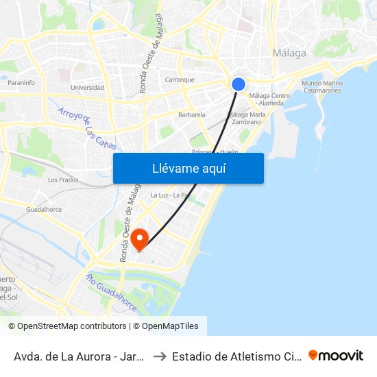 Avda. de La Aurora - Jardines de Picasso to Estadio de Atletismo Ciudad de Málaga map