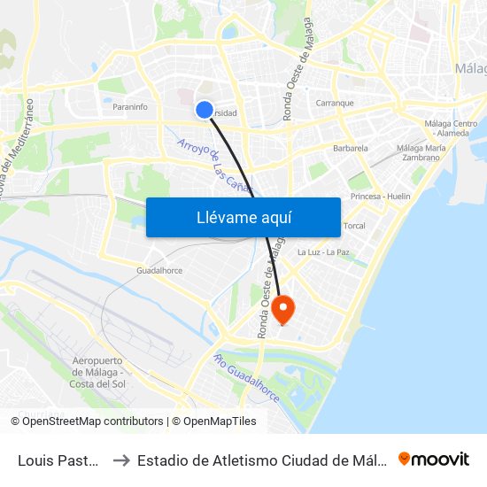 Louis Pasteur to Estadio de Atletismo Ciudad de Málaga map