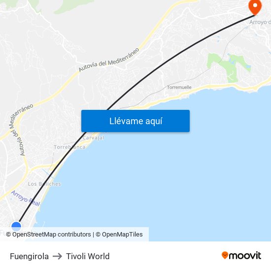 Fuengirola to Tivoli World map