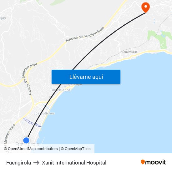 Fuengirola to Xanit International Hospital map