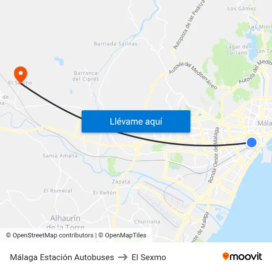 Málaga Estación Autobuses to El Sexmo map
