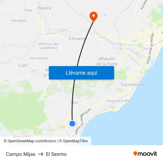 Campo Mijas to El Sexmo map