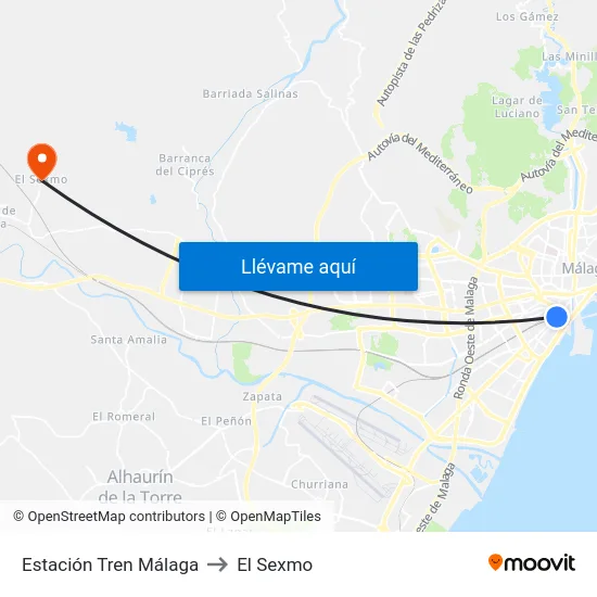Estación Tren Málaga to El Sexmo map