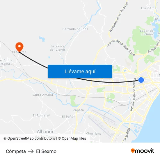 Cómpeta to El Sexmo map