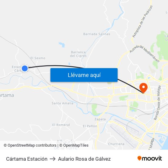 Cártama Estación to Aulario Rosa de Gálvez map