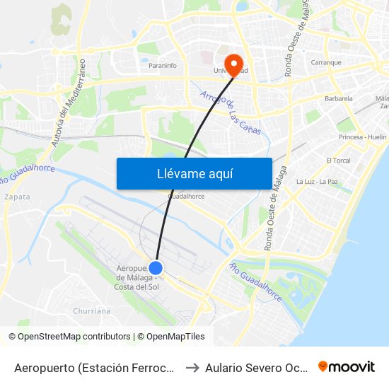 Aeropuerto (Estación Ferrocarril) to Aulario Severo Ochoa map