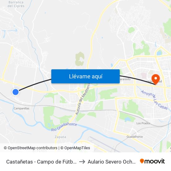 Castañetas - Campo de Fútbol to Aulario Severo Ochoa map