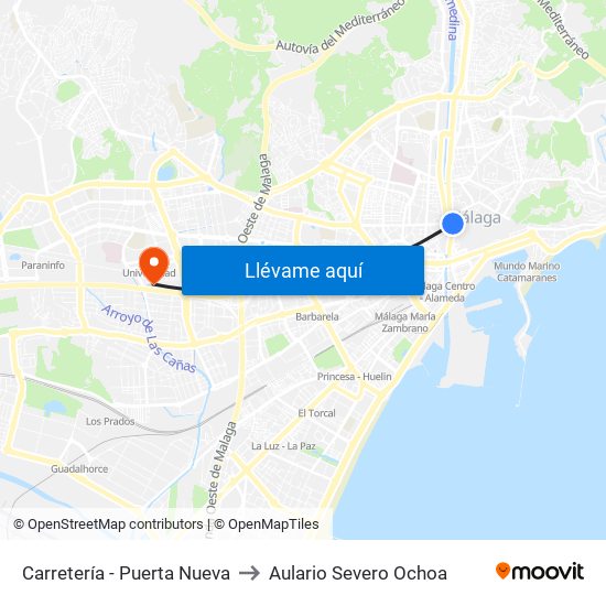 Carretería - Puerta Nueva to Aulario Severo Ochoa map