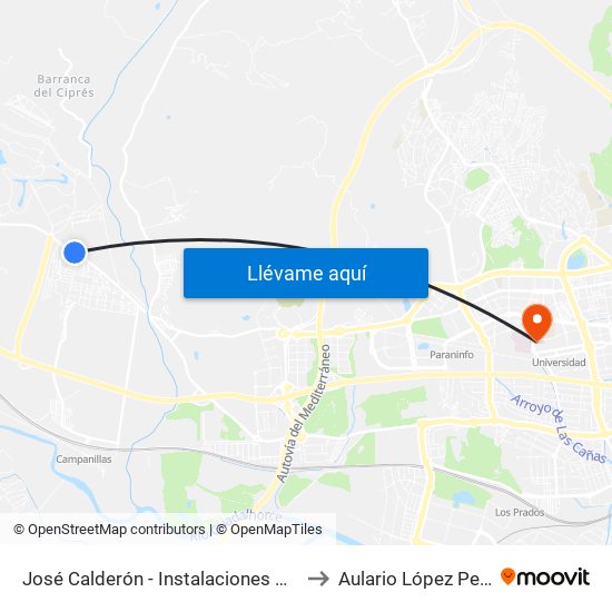 José Calderón - Instalaciones Deportivas to Aulario López Peñalver map