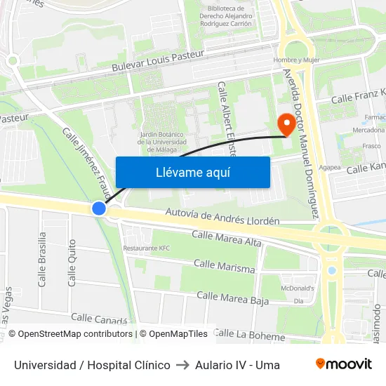 Universidad / Hospital Clínico to Aulario IV - Uma map