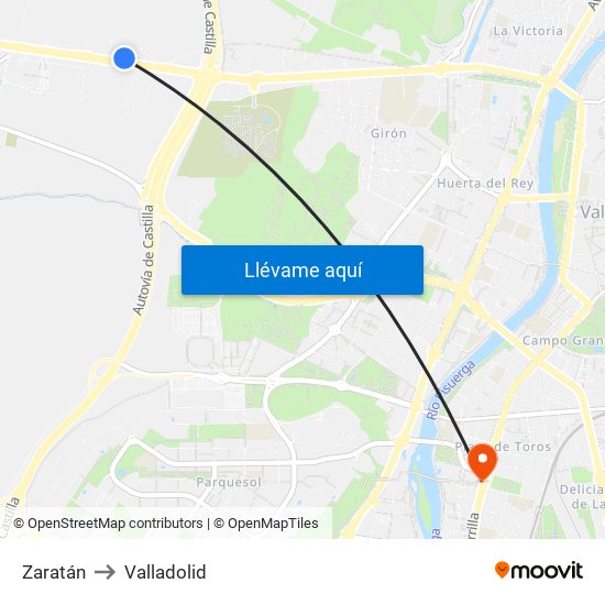 Zaratán to Valladolid map