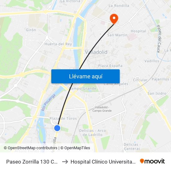 Paseo Zorrilla 130 Centro Comercial to Hospital Clínico Universitario Edificio Rondilla map