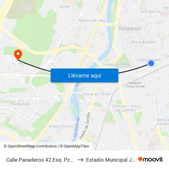 Calle Panaderos 42 Esq. Pza. Caño Argales to Estadio Municipal José Zorrilla map