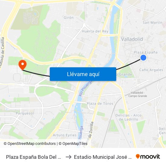 Plaza España Bola Del Mundo to Estadio Municipal José Zorrilla map