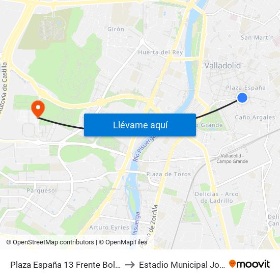 Plaza España 13 Frente Bola Del Mundo to Estadio Municipal José Zorrilla map