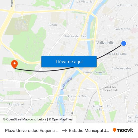 Plaza Universidad Esquina López Gómez to Estadio Municipal José Zorrilla map