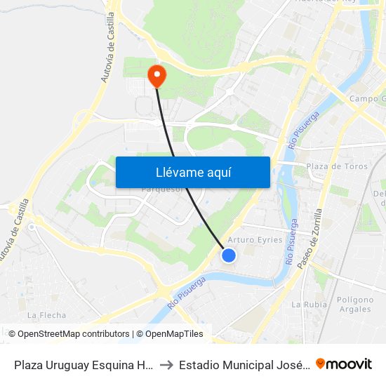 Plaza Uruguay Esquina Honduras to Estadio Municipal José Zorrilla map