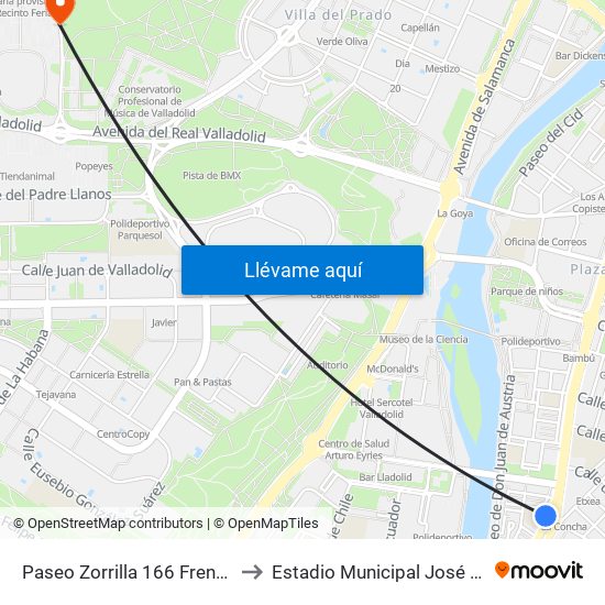 Paseo Zorrilla 166 Frente Lava to Estadio Municipal José Zorrilla map