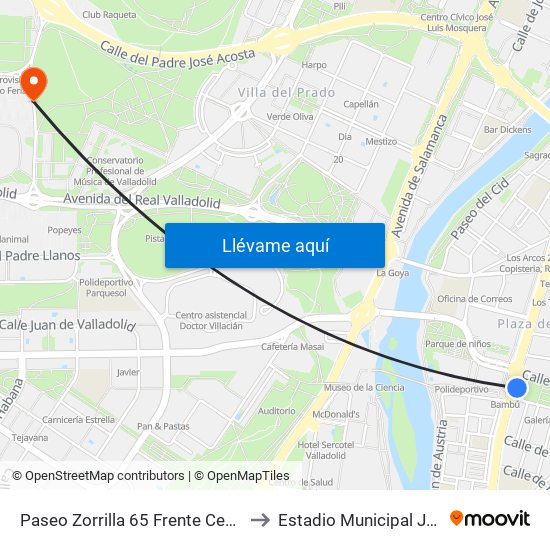 Paseo Zorrilla 65 Frente Centro Comercial to Estadio Municipal José Zorrilla map