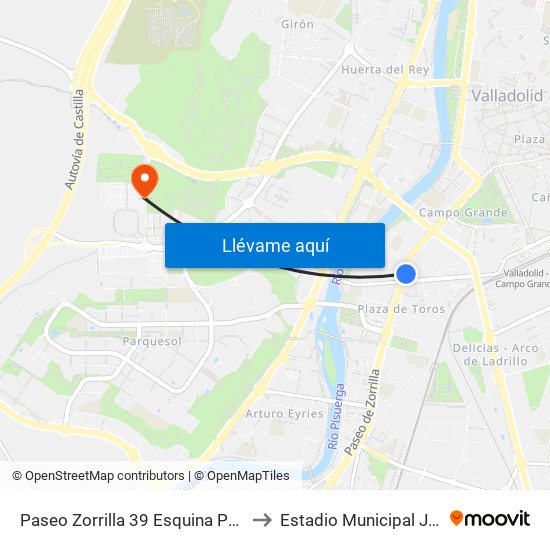 Paseo Zorrilla 39 Esquina Puente Colgante to Estadio Municipal José Zorrilla map