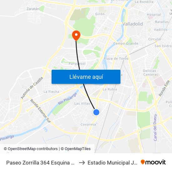 Paseo Zorrilla 364 Esquina Vinos De Rueda to Estadio Municipal José Zorrilla map