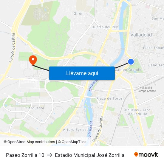Paseo Zorrilla 10 to Estadio Municipal José Zorrilla map