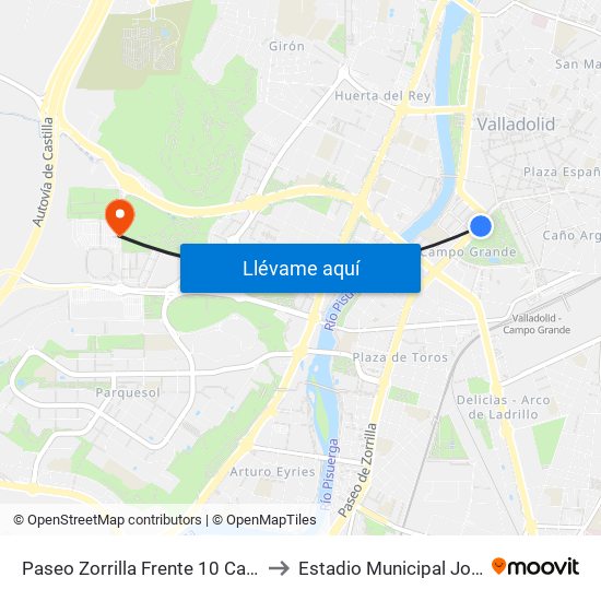 Paseo Zorrilla Frente 10 Campo Grande to Estadio Municipal José Zorrilla map