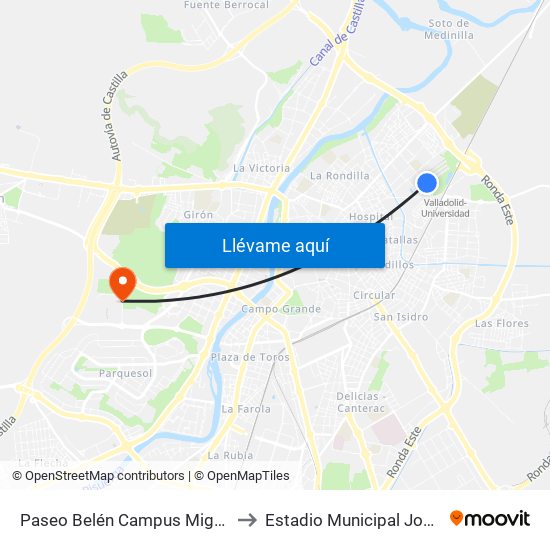 Paseo Belén Campus Miguel Delibes to Estadio Municipal José Zorrilla map