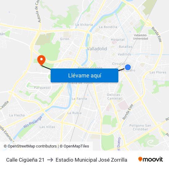 Calle Cigüeña 21 to Estadio Municipal José Zorrilla map
