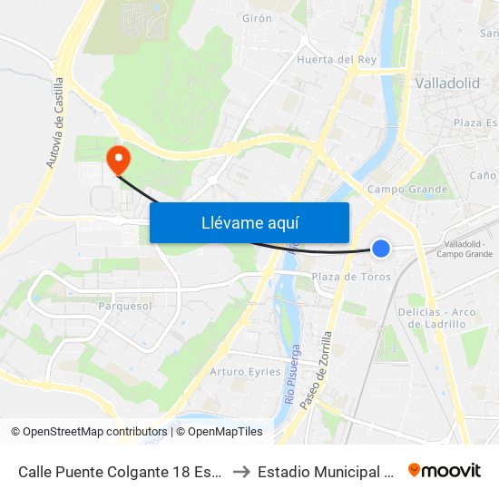 Calle Puente Colgante 18 Esquina Gabilondo to Estadio Municipal José Zorrilla map