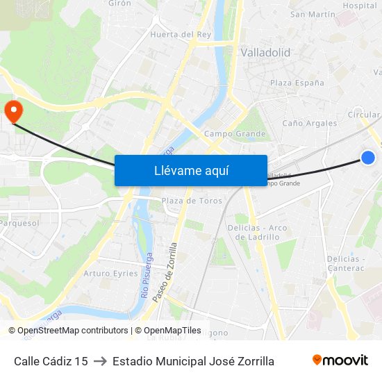 Calle Cádiz 15 to Estadio Municipal José Zorrilla map