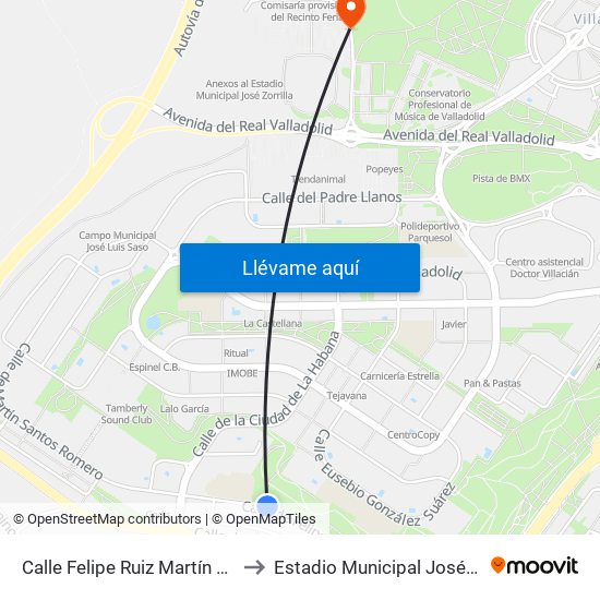 Calle Felipe Ruiz Martín Frente 6 to Estadio Municipal José Zorrilla map