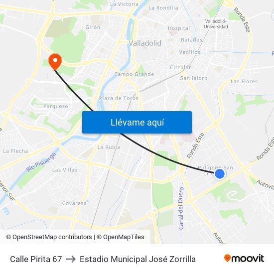 Calle Pirita 67 to Estadio Municipal José Zorrilla map