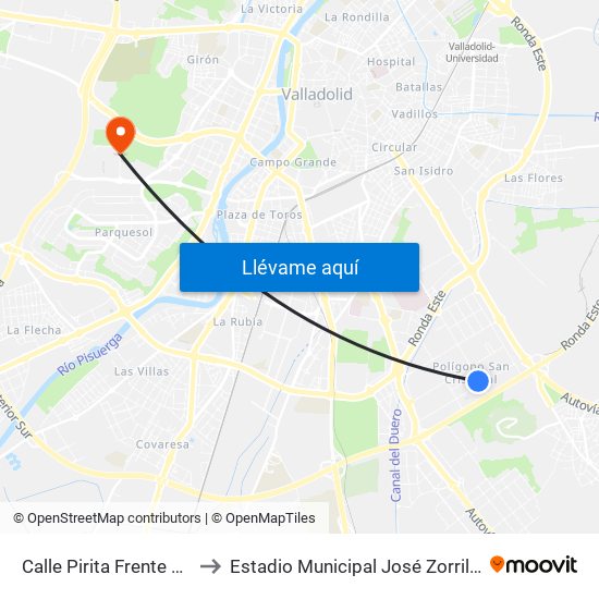 Calle Pirita Frente 67 to Estadio Municipal José Zorrilla map