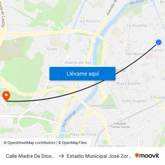 Calle Madre De Dios 15 to Estadio Municipal José Zorrilla map