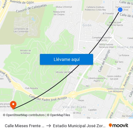 Calle Mieses Frente 16 to Estadio Municipal José Zorrilla map