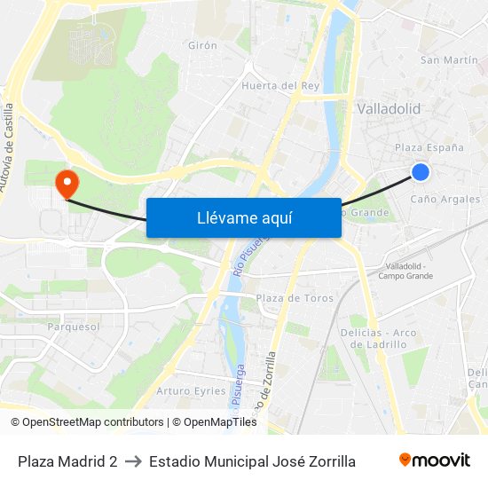 Plaza Madrid 2 to Estadio Municipal José Zorrilla map