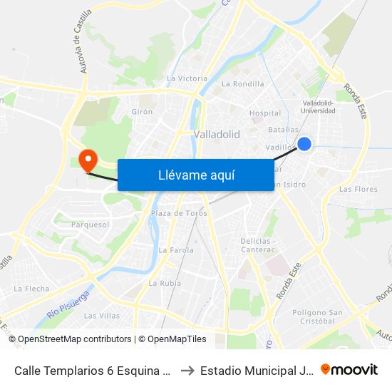 Calle Templarios 6 Esquina Puente La Reina to Estadio Municipal José Zorrilla map