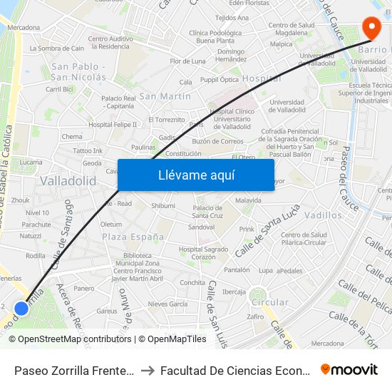 Paseo Zorrilla Frente 10 Campo Grande to Facultad De Ciencias Económicas Y Empresariales map