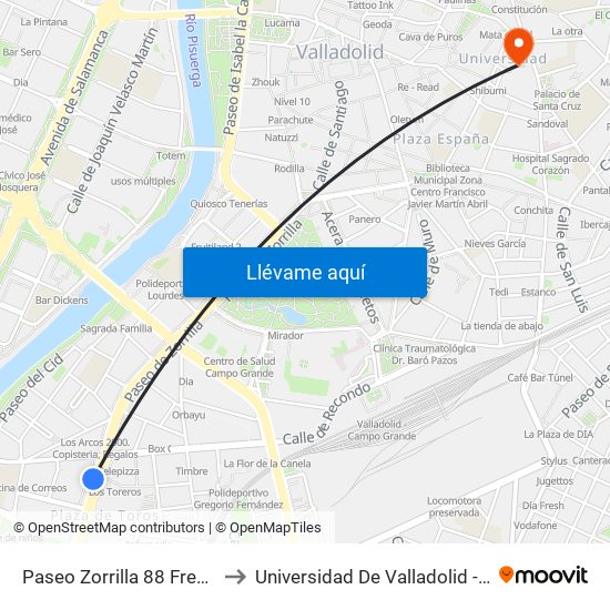 Paseo Zorrilla 88 Frente Plaza De Toros to Universidad De Valladolid - Facultad De Derecho map