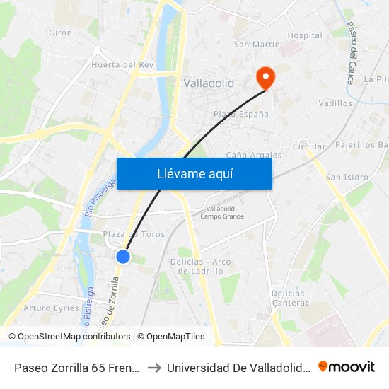 Paseo Zorrilla 65 Frente Centro Comercial to Universidad De Valladolid - Facultad De Derecho map