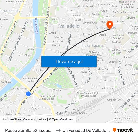Paseo Zorrilla 52 Esquina Paseo Hospital Militar to Universidad De Valladolid - Facultad De Derecho map